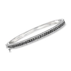 Ross-Simons - 1.00ct t. w. White, Black Diamond Bangle Bracelet in Silver. 7". Some drama for your stack! Our beautifully bold bangle bracelet dazzles with 1.00 ct. t. w. round white and black diamonds in an eye-catching three-row design. Crafted in polished sterling silver. Black rhodium. Hinged with a figure 8 safety. Box clasp, black and white diamond bangle bracelet. Diamond birthstones are the perfect gift for April birthdays. Safety Box, Diamond Bangle Bracelet, Bracelet Diamond, Bracelet In Silver, Diamond Birthstone, Diamond Bangles Bracelet, Figure 8, Box Clasp, Diamond Bangle