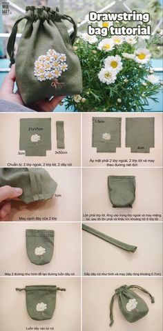 the instructions for how to make a drawstring bag with flowers on it,