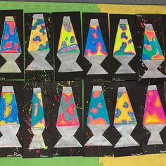 the art project is made with colored paper and black construction paper, which are shaped like cones