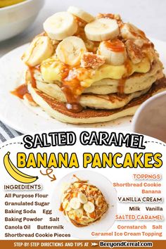 an advertisement for a banana pancakes recipe with bananas and caramel syrup on top, sitting on a white plate