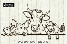 an image of a cow and three pigs on a wooden background with the words svg dxf eps png