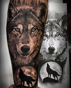 an arm with two wolfs on it and the moon in the sky behind them