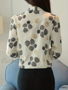 Eromis - Sophisticated Botanical Print Tie Neck Blouse: A Stylish and Versatile Addition to Womens Wardrobe Collection Elegant Printed Tops For The Office, Elegant Printed Formal Tops, Elegant Long Sleeve Floral Print Tops, Printed Fall Office Blouse, Printed Fitted Tops For Office, Elegant Printed Tops For Office, Chic Printed Formal Tops, Chic Printed Tops For Formal Occasions, Fitted Printed Tops For Office