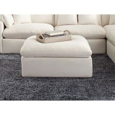 a couch and ottoman in a living room with carpeted flooring on the ground