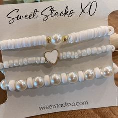 Sweet Stack Of 3 Feminine Faux Pearl And Heart Mix * Best Wear Tip: Slide Stretchy Beaded Bracelets Over Hand And Arm For Longest Wear And To Prevent Breakage. *Pair With Our Selection Of Sweet Stacks. *Next Business Day Shipping. Bracelet Stack Handmade Jewelry Boho Jewelry Sweet Stacks Bohemian Styles Jewelry For Her Personalized Jewelry Bracelets Chunky Bracelets Beaded Bracelets Stack, Diy Bracelet Stacks, Bracelet Stack Ideas, Beaded Bracelet Stack, Kate Spade Bracelet, Stretchy Beaded Bracelet, Bracelet Inspo, Bohemian Style Jewelry, Open Cuff Bracelet