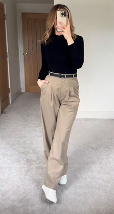 Work Outfits Beige Pants, Turtle Neck And Trousers Outfit, Semi Formal Shirts For Women, Khaki Trousers Outfit Women Casual, Neutral Trousers Outfit, Shirt And Slacks Women, Sand Pants Outfit, Beige Tailored Pants Outfit, Turtle Neck And Shirt Outfit