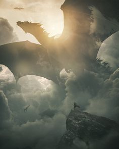 a man standing on top of a mountain next to a giant dragon in the sky