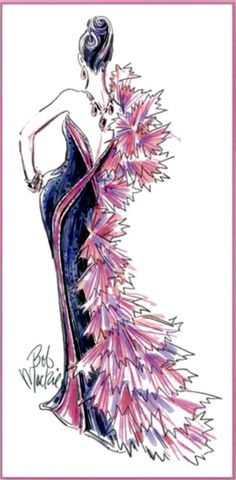 a drawing of a woman in a dress with pink flowers on the bottom and side