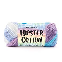 a skein of yarn with the words hipster cotton in purple, blue and white