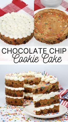 chocolate chip cookie cake with white frosting and sprinkles