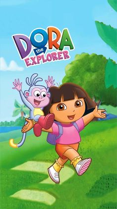 dora and the explorer movie poster with dora running in front of her, dora is holding onto