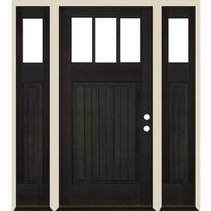 the front door is black and has two sidelights