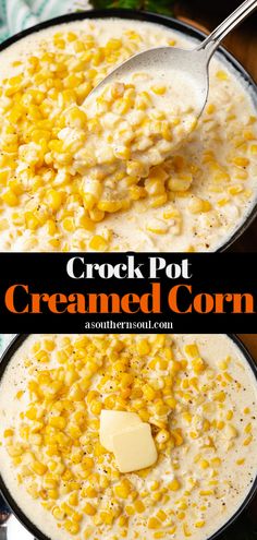 crock pot creamed corn in a skillet with a spoon and butter on top