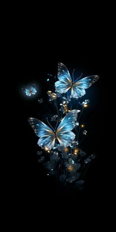 three blue butterflies flying in the dark with lights on their wings, and one is glowing