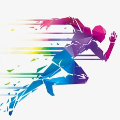 a person running with colorful lines coming out of the back and behind them, on a white background