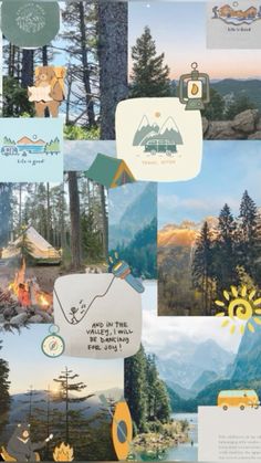 a collage of photos with mountains, trees and campers in the background that include camping related items