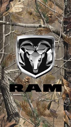 the ram logo is shown on a realtree camo background with trees in the foreground