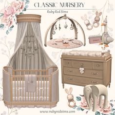 a baby's nursery set includes a crib, dresser and bed