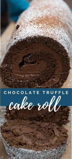 chocolate truffle cake roll with text overlay