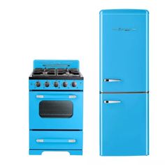 a blue refrigerator and stove are next to each other