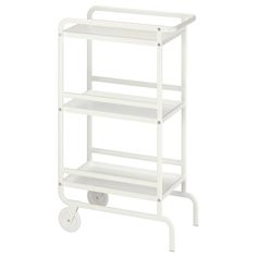 a white rolling cart with wheels and two shelves on each side, in front of a white background