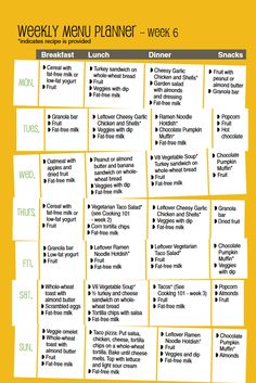 the weekly menu planner is shown in yellow and white, with black lettering on it