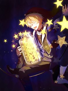 an anime character holding a jar full of gold stars