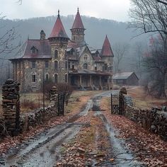 an old stone house in the middle of autumn