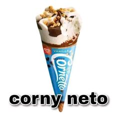 an ice cream cone with nuts on top and the words, corny neto