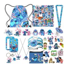 an assortment of cartoon items are displayed on a white background, including a backpack and keychain