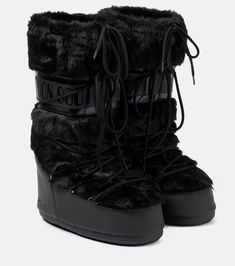 Icon faux fur-trimmed snow boots in black - Moon Boot | Mytheresa Clothing Aesthetics, Moon Boot, Fur Shoes, Made In Romania, Clothing Pieces, Faux Fur Boots, Black Moon, Shoe Inspo, Moon Boots