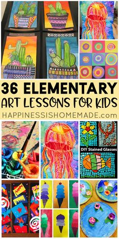 36 Elementary Art Lessons for Kids - one for every week of the school year! Perfect for homeschool families, teachers, scout leaders, and parents! Art Ideas For 1st Grade, Art Docent Kindergarten, Art Lessons For 3rd Grade, Art Lessons For 2nd Grade, Year 2 Art Ideas, Elementary Art Education Projects, 3rd Grade Art Projects Spring, Year 5 Art Ideas, Fourth Grade Art Lessons