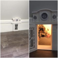 there is a clock on the wall next to a door way in an empty room