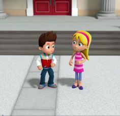 a cartoon boy and girl standing in front of a building