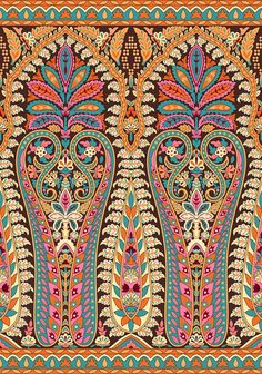 an orange, blue and pink paisley design on a brown background with lots of small flowers