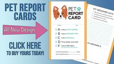 a pet report card with an arrow pointing to the front and back of it that says,'pet report cards all new design click here to buy yours today '