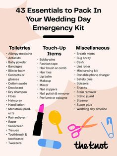 the wedding day emergency kit is shown