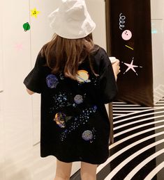 Black Star Print Casual T-shirt, Black Casual T-shirt With Star Print, Black Cotton Space-themed T-shirt, Black Cotton T-shirt With Space Theme, Black Space-themed T-shirt With Letter Print, Black Short Sleeve Space-themed Tops, Cosmic Outfit, Galaxy Clothes, Galaxy Clothing