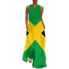 This Jamaica Flag Colors Maxi Dress has a non-stretch fabric with a tank sleeve style, featuring a unique print pattern. The loose fit and A-line silhouette create a comfortable and flattering look. It has a V-neckline and pockets for added style and convenience. Perfect for a day at the beach, this dress has an ankle-length and is made with polyester fabric from Mainland China. Its summer season design is completed with a pullover closure, natural waistline, and sleeveless design. Scientificall Beach Dress Summer, Sundress Summer, Long Beach Dress, Stylish Sweaters, Versatile Outfits, Summer Party Dress, Style Maxi Dress, Women Long Dresses, Belleza Natural