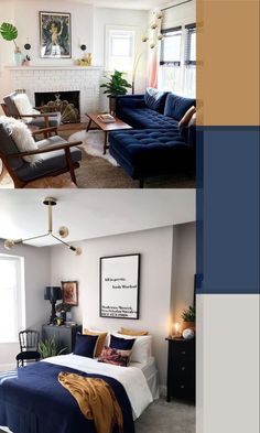 two different pictures of a living room with furniture and decor on the walls, including a bed