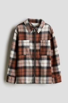 Overshirt in soft flannel. Collar  zipper at front  and patch chest pockets. Long sleeves with button at cuffs. Dark Blue Tie, Fall Capsule Wardrobe, Latest T Shirt, Sports Hoodies, Maternity Swimwear, Brown Plaid, Set Outfit, Maternity Wear, Shop Swimwear