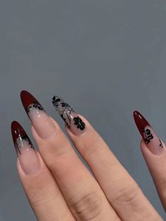 24pcs Long Almond Burgundy French Leaf Flower Fake Nail False Nails Press On Mari Core, Pink Stiletto Nails, Long Almond, Nails Press, Goth Nails, Grunge Nails, Nails Fashion, Fake Nails With Glue, Pretty Gel Nails