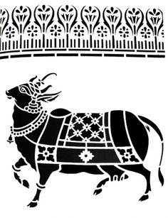 a black and white drawing of a bull with an elaborate design on it's back