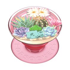 a glass bowl with succulents and plants in it on top of a pink mat