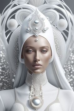 a mannequin dressed in white with pearls and beads on her head, wearing an elaborate necklace