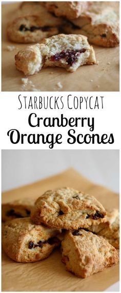 some cookies are stacked on top of each other with the words starbucks copycat cranberry orange scones