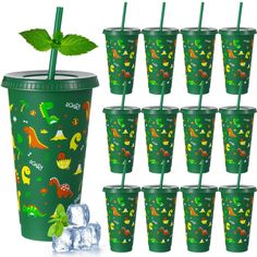 the cups are filled with different types of drinks