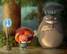 an animated image of two people holding umbrellas in front of a totoro and pig