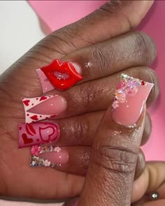 Valentines Day Nails, pink acrylic nails, heart acrylic nails, black girl nails Valentines Day Nails Pink, Acrylic Nails Black, Nails Pink Acrylic, Emerald Nails, Nails Heart, Toes Nails, Retro Nails