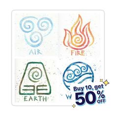 four stickers with different designs on them, including the symbols for fire and earth